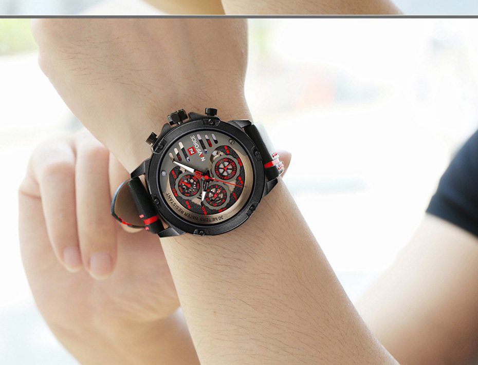 NAVIFORCE 9110 Quartz Wrist Watch Luxury Fashion 24 Hours Display Leather Strap Men Watches -Black+Khaki