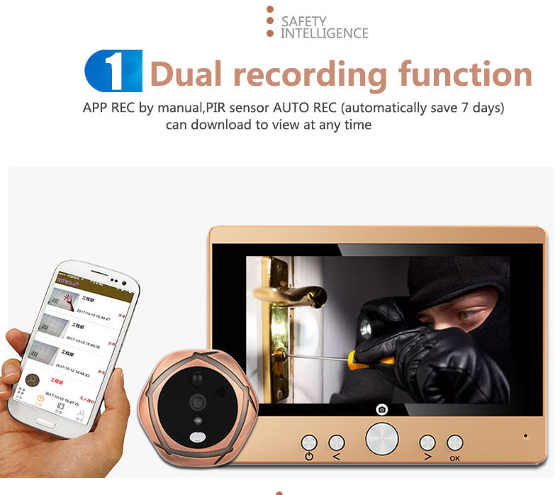 SY501 720P 5" WiFi Door Viewer Wireless Digital PIR Motion Detection IR Night Vision Pinhole Camera -Gold