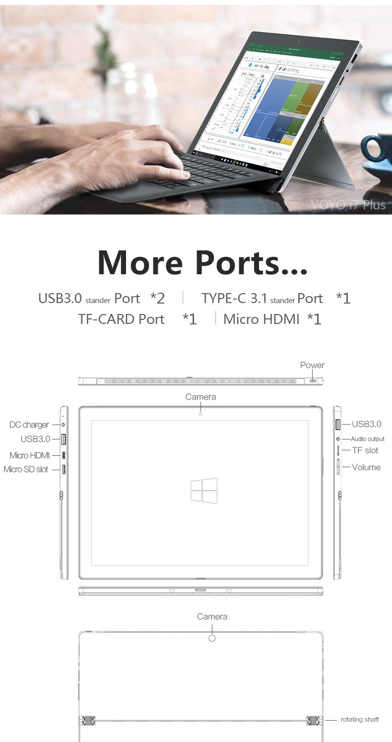 VOYO VBook I7PLus Tablet Intel Core i7-7500U Dual Core 12.6 Inch 3K IPS 2880*1920 8GB RAM 256GB SSD Windows 10 Dual Band Wifi - Black+Gray