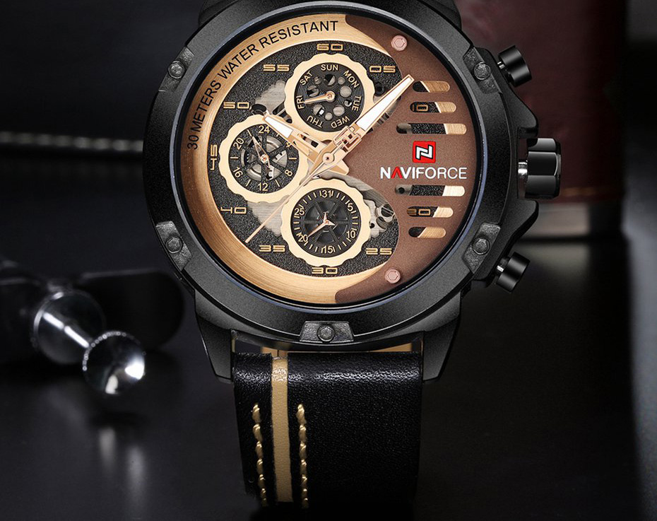 NAVIFORCE 9110 Quartz Wrist Watch Luxury Fashion 24 Hours Display Leather Strap Men Watches -Black+Khaki