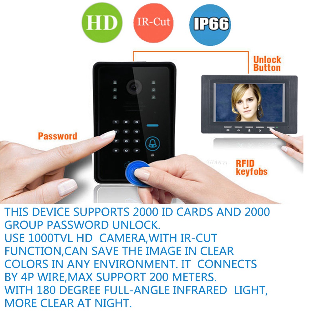 SY817BMJSA12 Doorbell Intercom Kit 7 Inch TFT Video Door Phone Night Vision with IR-CUT HD 1000TVL Camera -Black