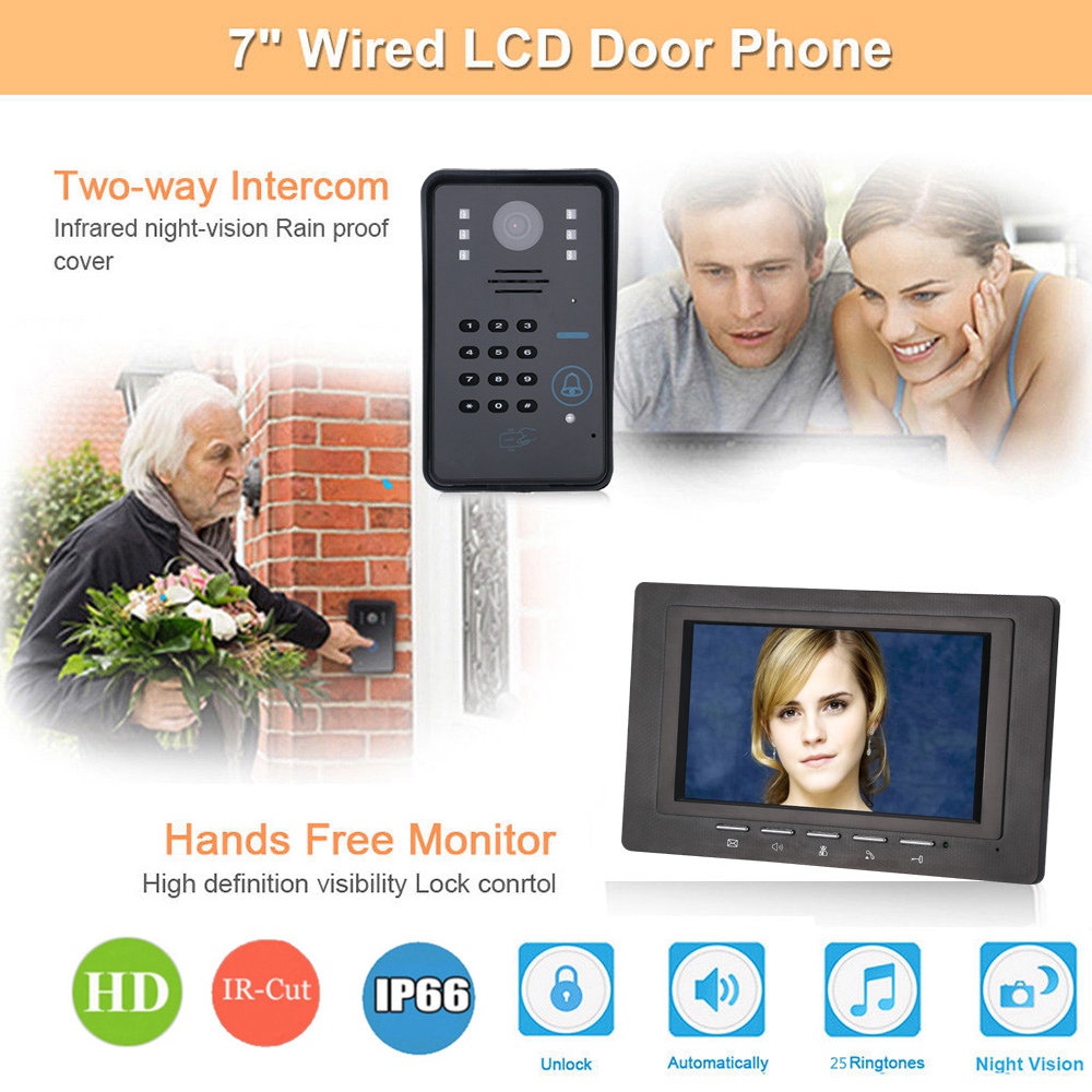 SY817BMJSA12 Doorbell Intercom Kit 7 Inch TFT Video Door Phone Night Vision with IR-CUT HD 1000TVL Camera -Black