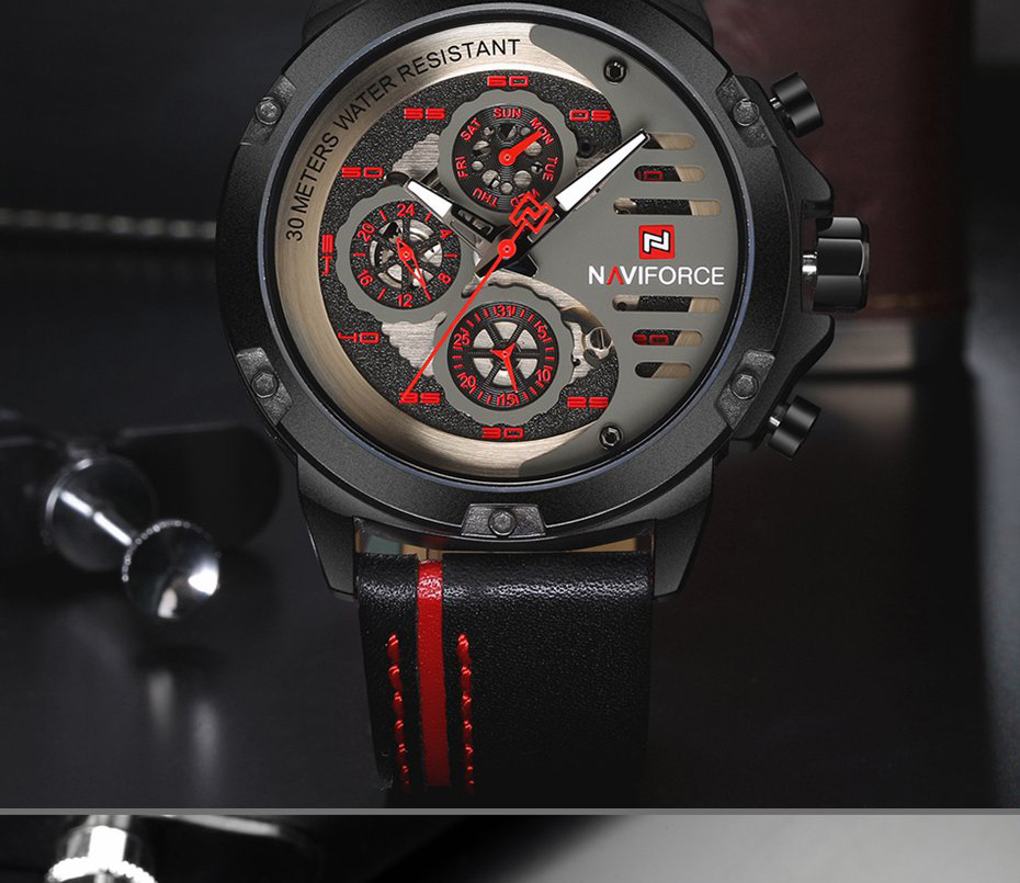 NAVIFORCE 9110 Quartz Wrist Watch Luxury Fashion 24 Hours Display Leather Strap Men Watches -Black+Khaki