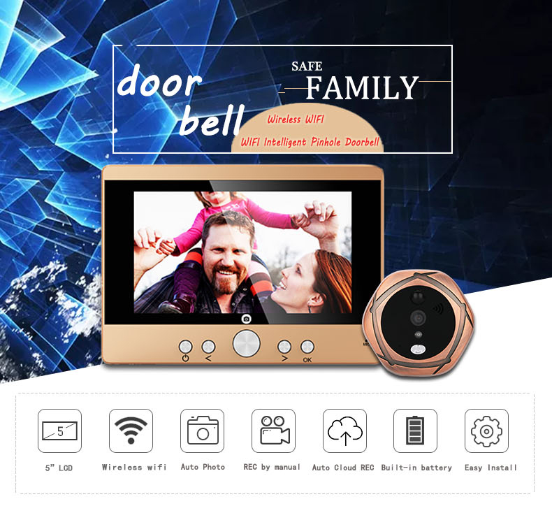 SY501 720P 5" WiFi Door Viewer Wireless Digital PIR Motion Detection IR Night Vision Pinhole Camera -Gold
