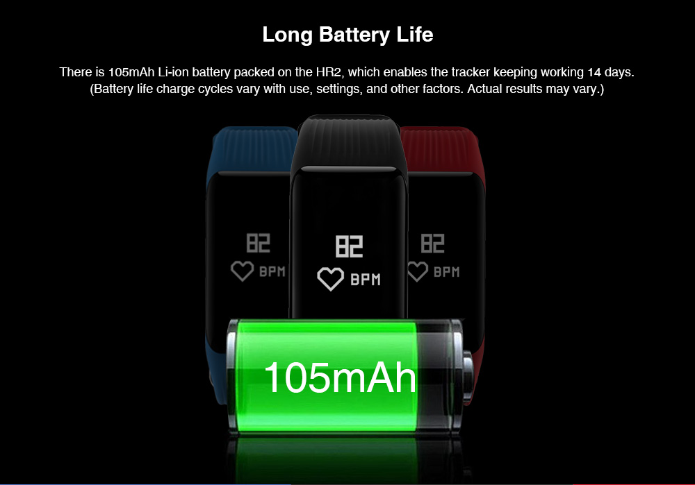 Makibes HR2 Smart Bracelet Long Time Continuous Heart Rate Monitor Nordic nRF52832 Chip IP67 Water Resistant Compatible With IOS Android - Black