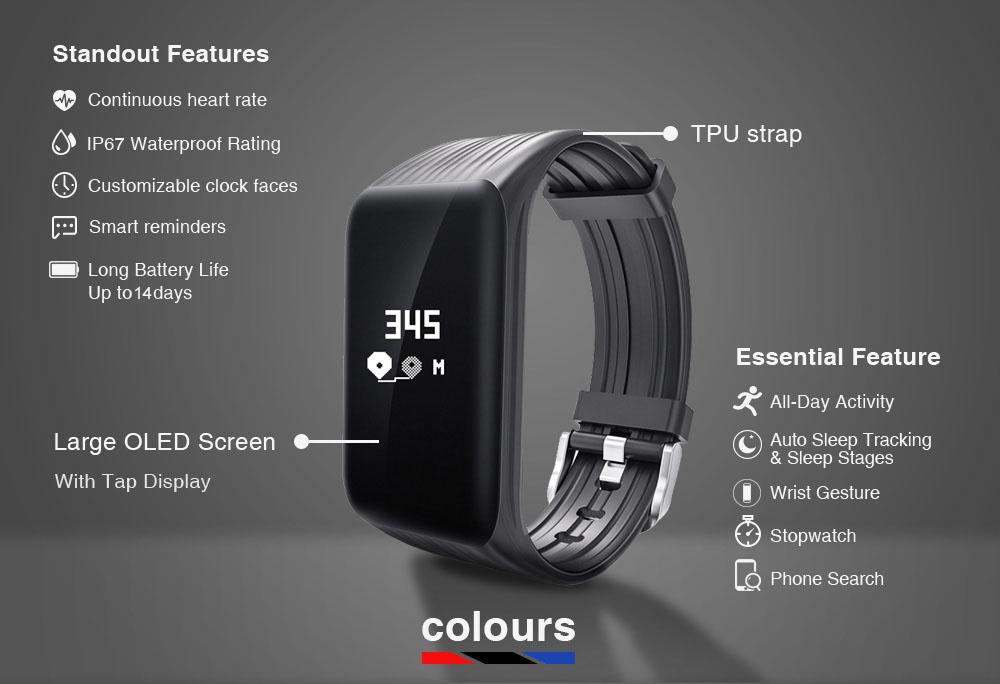 Makibes HR2 Smart Bracelet Long Time Continuous Heart Rate Monitor Nordic nRF52832 Chip IP67 Water Resistant Compatible With IOS Android - Black