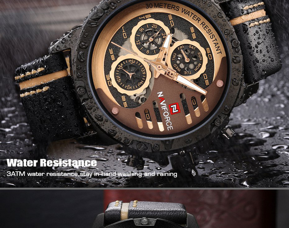 NAVIFORCE 9110 Quartz Wrist Watch Luxury Fashion 24 Hours Display Leather Strap Men Watches -Black+Khaki