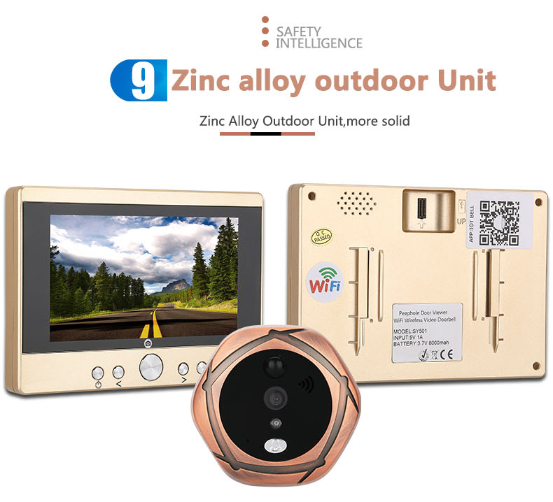 SY501 720P 5" WiFi Door Viewer Wireless Digital PIR Motion Detection IR Night Vision Pinhole Camera -Gold