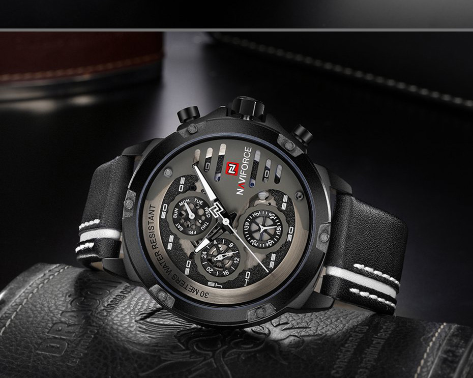 NAVIFORCE 9110 Quartz Wrist Watch Luxury Fashion 24 Hours Display Leather Strap Men Watches -Black+Khaki