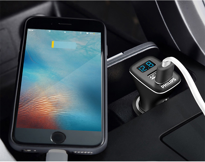 Philips DLP2015P Universal Quick Double USB Car Charger 3.1A Voltage Detection LED Digital Display - Black