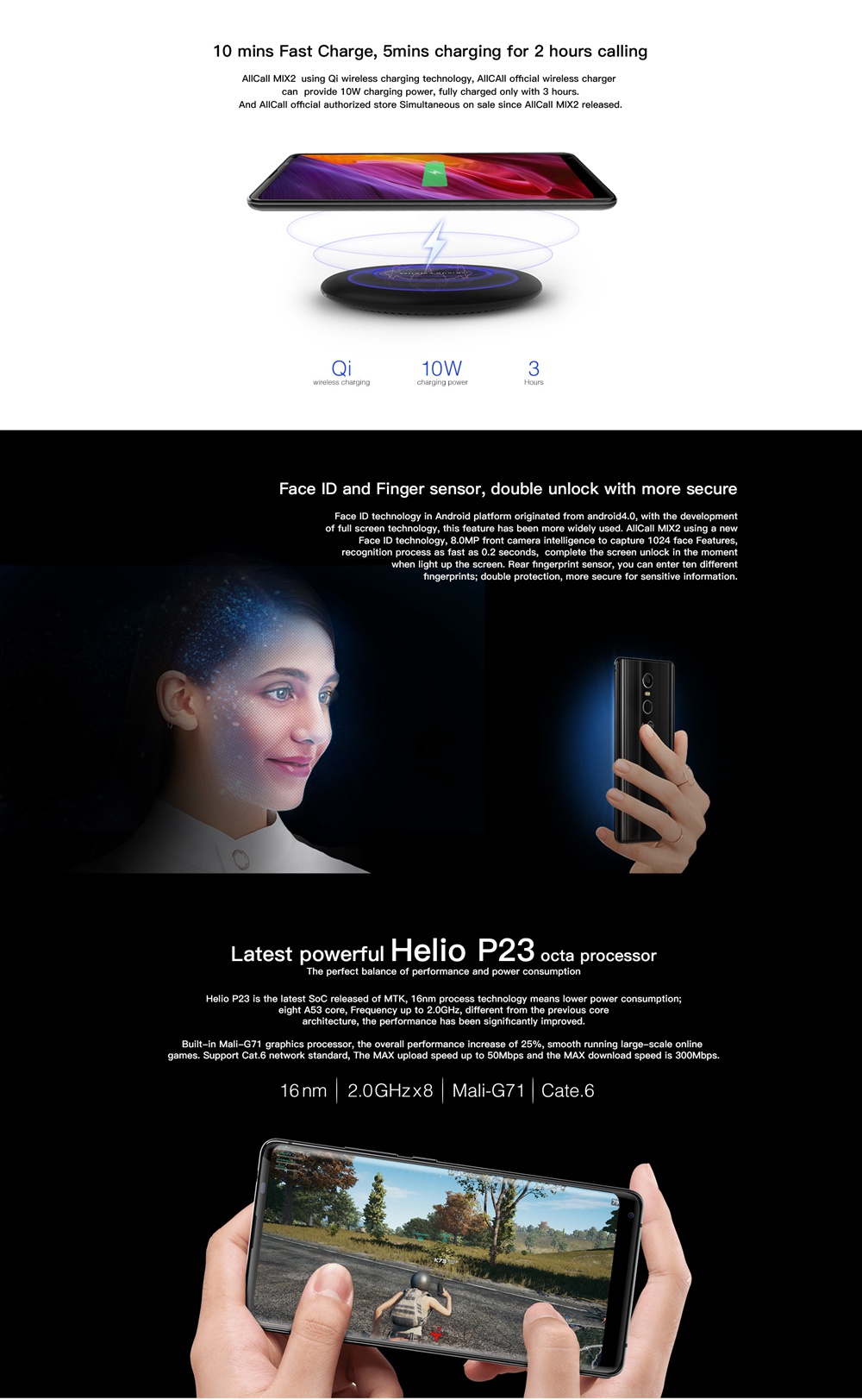 AllCall MIX 2 5.99 Inch 4G Smartphone MTK6763 6GB 64GB 16.0MP Back Camera Android 7.1 Face ID 18:9 Screen - Black