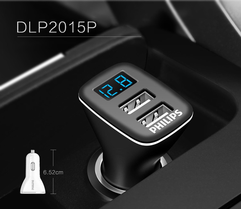 Philips DLP2015P Universal Quick Double USB Car Charger 3.1A Voltage Detection LED Digital Display - Black