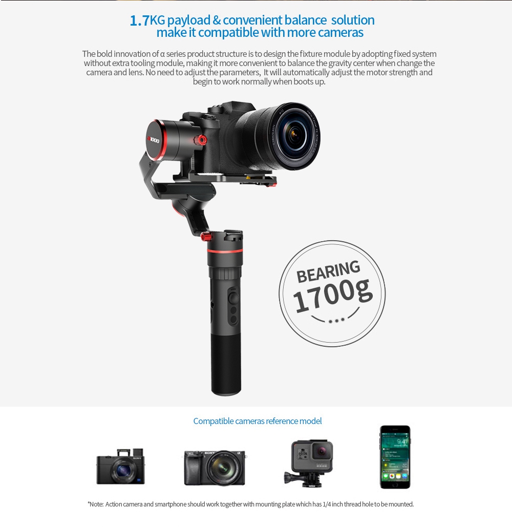 FeiyuTech A1000 3-Axis Brushless Handheld Gimbal for Mirrorless DSLR Camera Action Camera Smartphone - Single Handheld