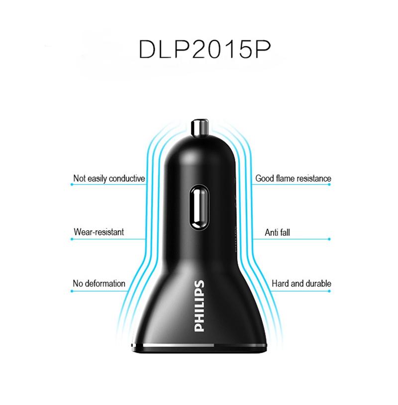 Philips DLP2015P Universal Quick Double USB Car Charger 3.1A Voltage Detection LED Digital Display - Black