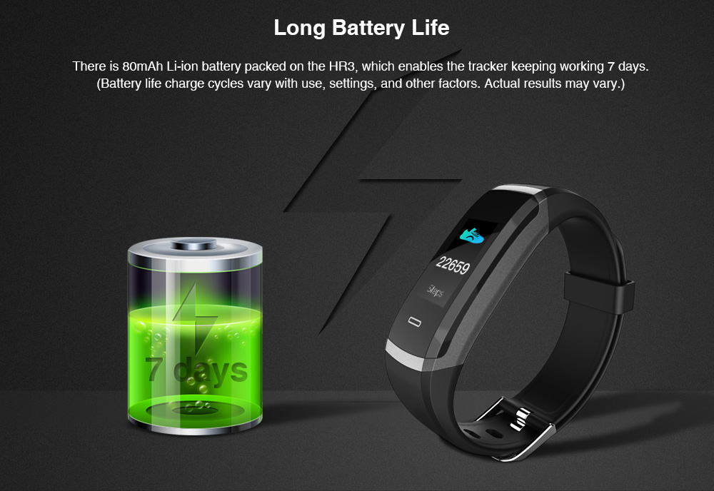 Makibes HR3 Smart Bracelet Continuous Heart Rate Monitor TFT Color Touchscreen IP67 Water Resistant Bluetooth Compatible With IOS Android - Black