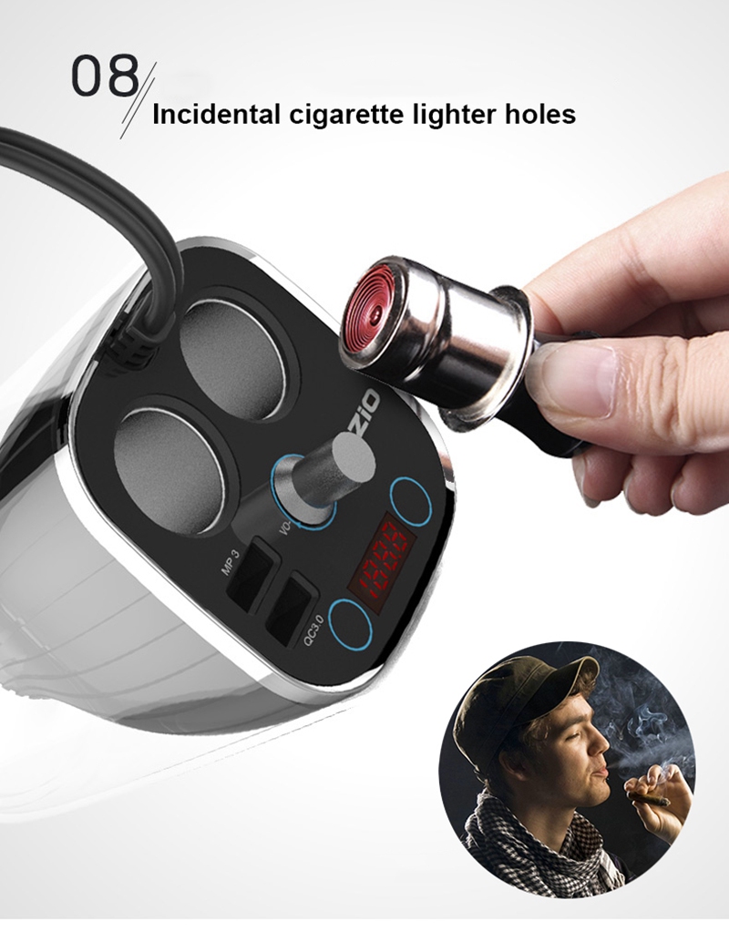 OZIO BC-120Q 120W Car Charger Bluetooth Adapter FM Player QC3.0 2 Sockets Cigarette Lighter Dual USB Ports - Black