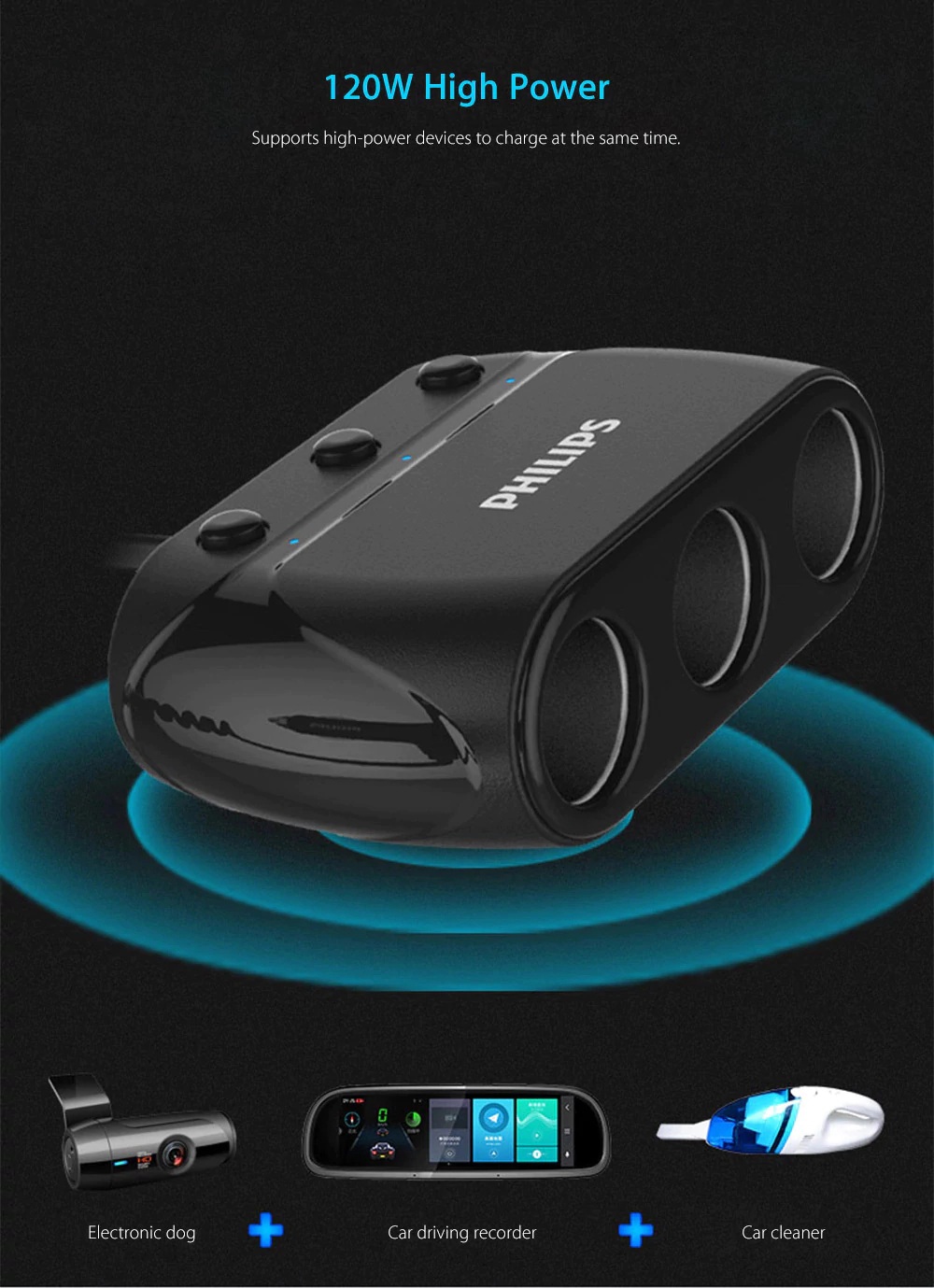Philips DLP2019 Car Charger Multifunctional Cigarette Lighter 3 Sockets Independent Switches Single USB Port - Black