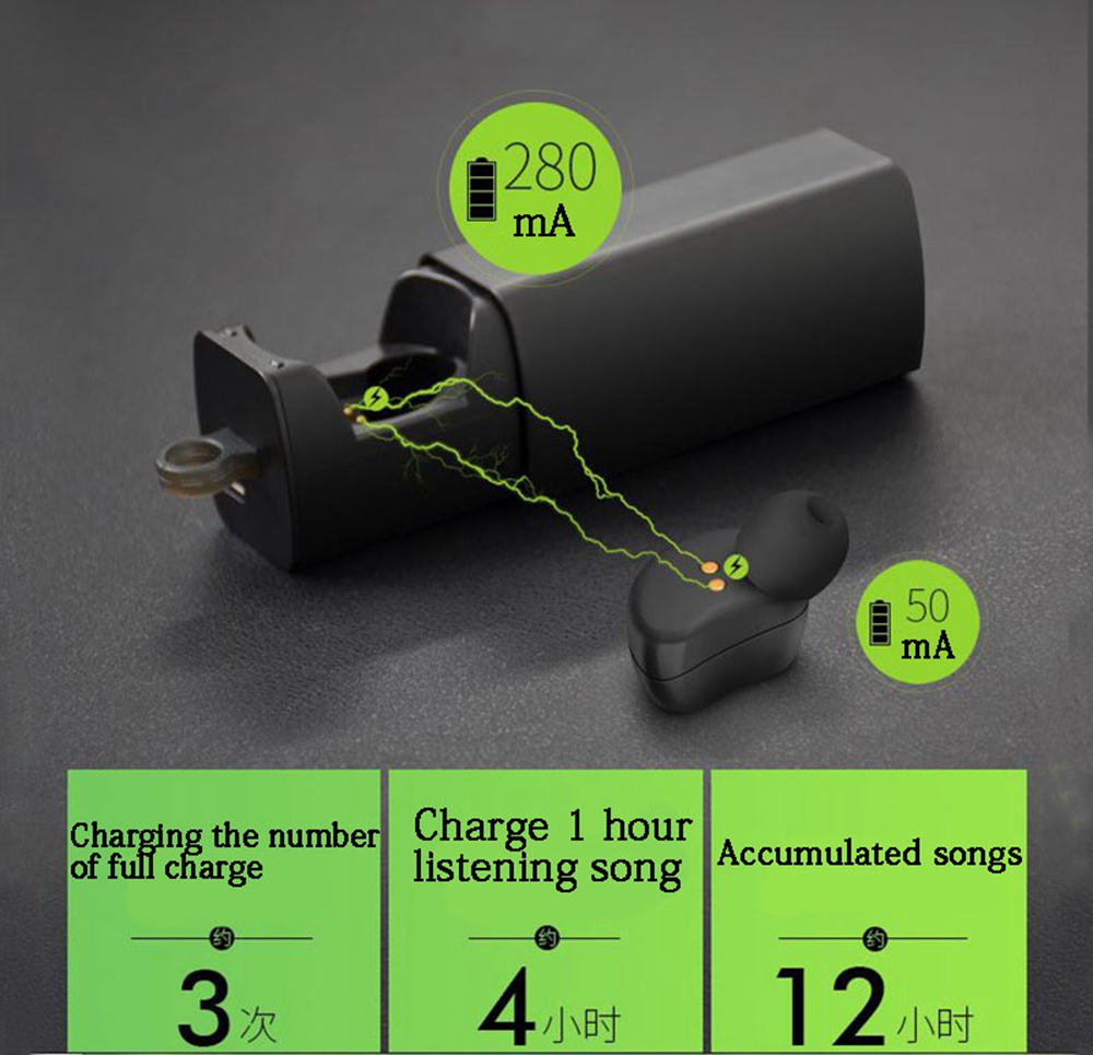 HV-316 Bluetooth Earphone One Single Ear with Mic Portable Charger - Black