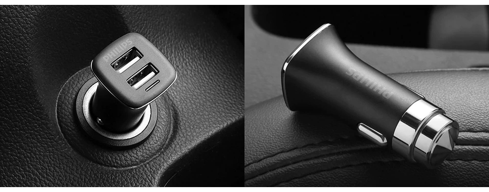 Philips DLP2018 Car Charger Safety Hammer Cigarette Lighter 2 Sockets Dual USB Ports LED Indicator - Black