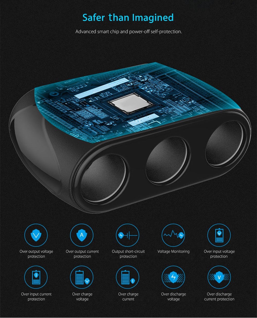 Philips DLP2019 Car Charger Multifunctional Cigarette Lighter 3 Sockets Independent Switches Single USB Port - Black