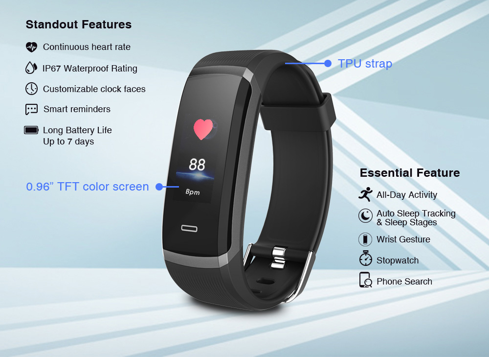 Makibes HR3 Smart Bracelet Continuous Heart Rate Monitor TFT Color Touchscreen IP67 Water Resistant Bluetooth Compatible With IOS Android - Black