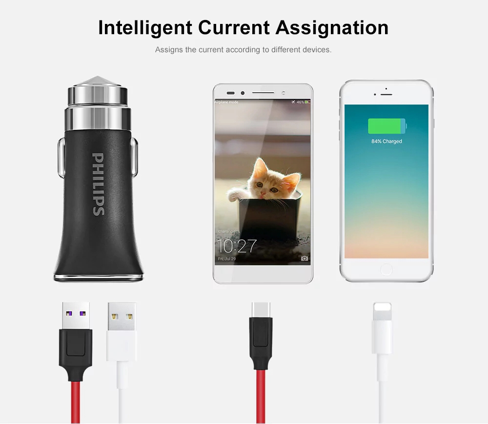 Philips DLP2018 Car Charger Safety Hammer Cigarette Lighter 2 Sockets Dual USB Ports LED Indicator - Black