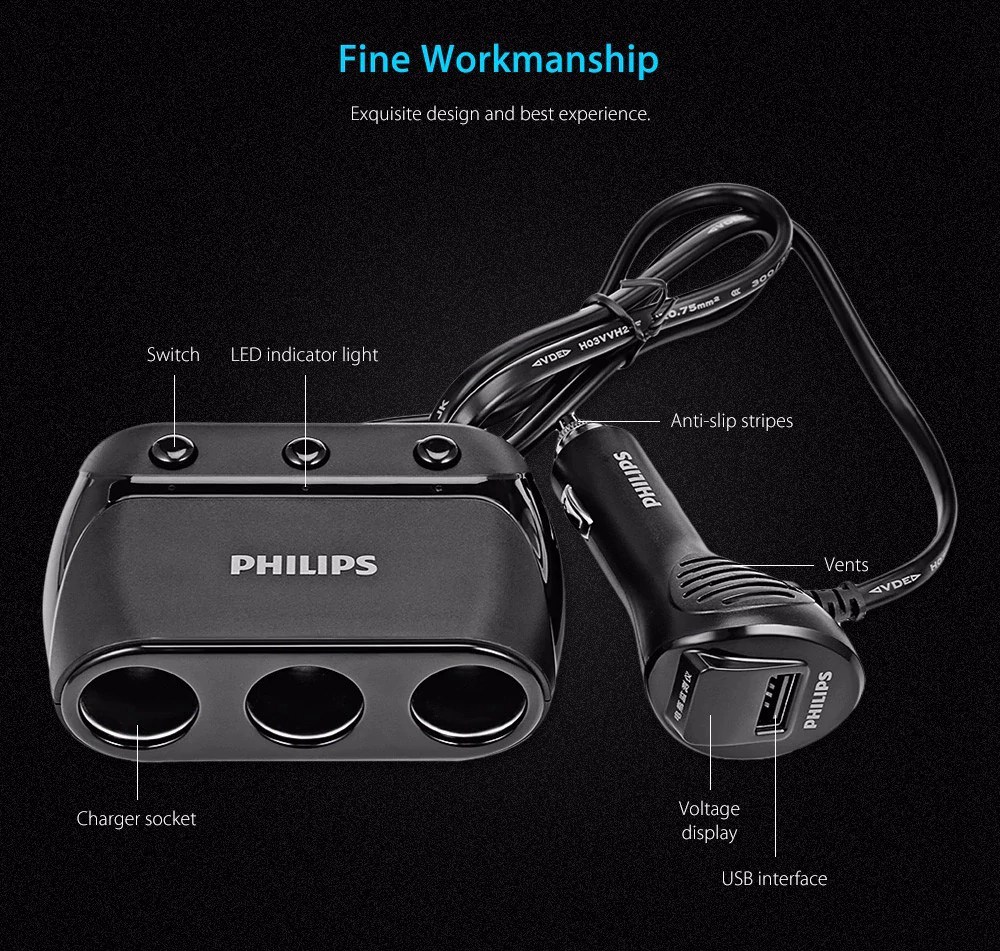 Philips DLP2019 Car Charger Multifunctional Cigarette Lighter 3 Sockets Independent Switches Single USB Port - Black
