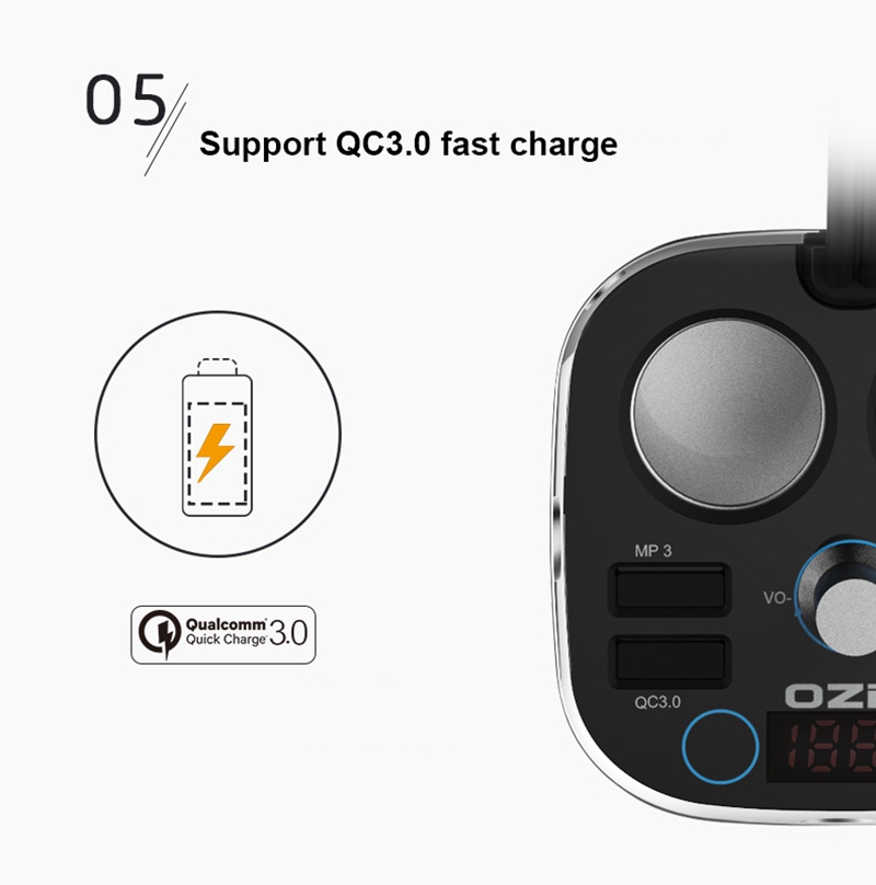 OZIO BC-120Q 120W Car Charger Bluetooth Adapter FM Player QC3.0 2 Sockets Cigarette Lighter Dual USB Ports - Black