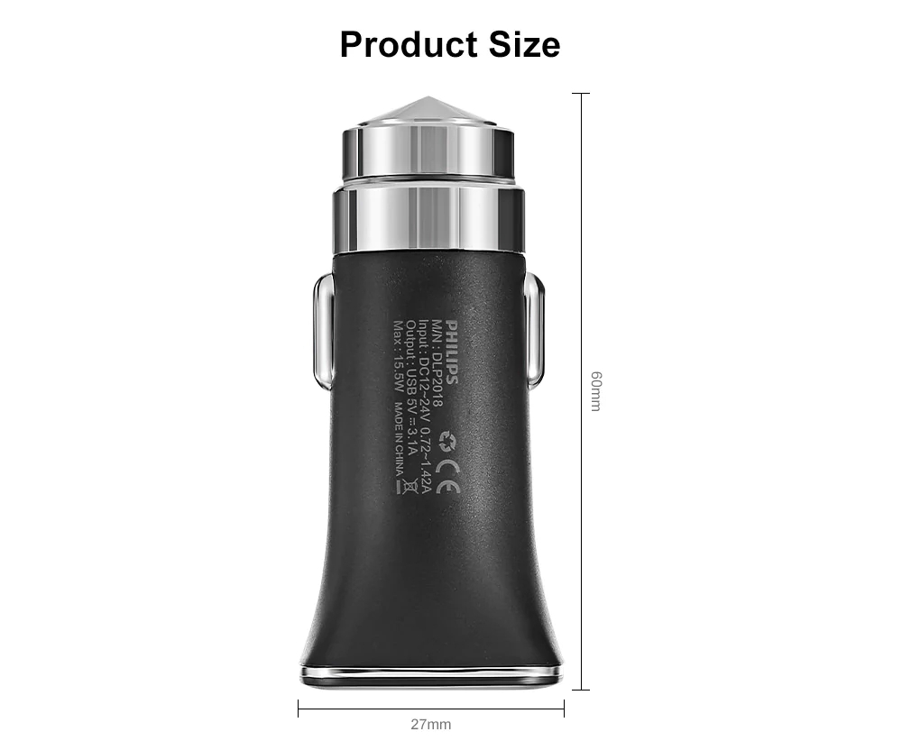 Philips DLP2018 Car Charger Safety Hammer Cigarette Lighter 2 Sockets Dual USB Ports LED Indicator - Black