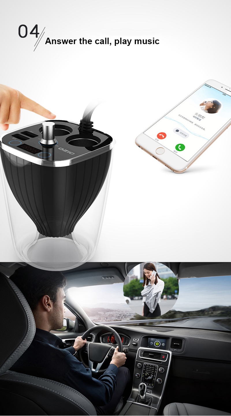 OZIO BC-120Q 120W Car Charger Bluetooth Adapter FM Player QC3.0 2 Sockets Cigarette Lighter Dual USB Ports - Black