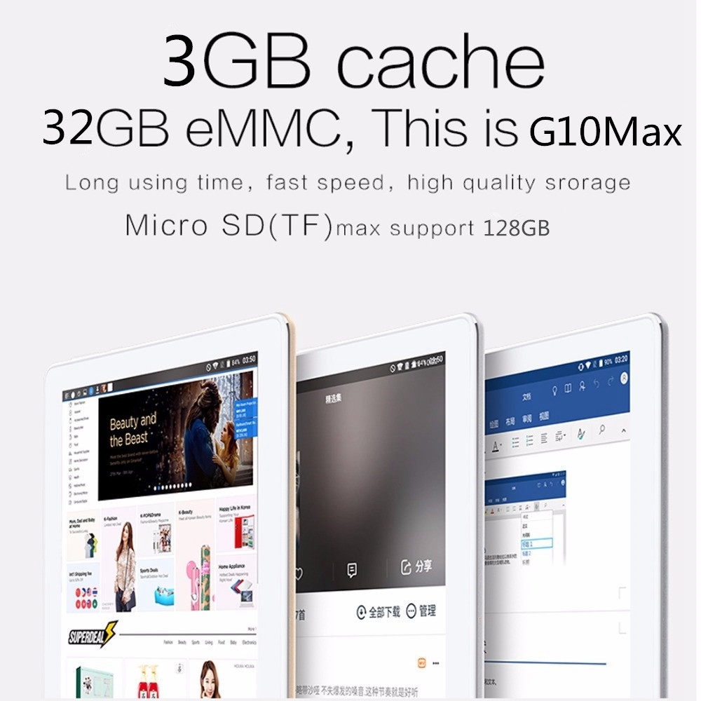 Binai G10Max 4G Phablet MTK6769 Deca Core 10.1" IPS 2.5K Screen 2560*1600 3GB DDR3L 32GB eMMC Android 7.1 - Gold
