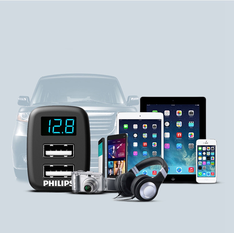 Philips DLP2015P Universal Quick Double USB Car Charger 3.1A Voltage Detection LED Digital Display - Black