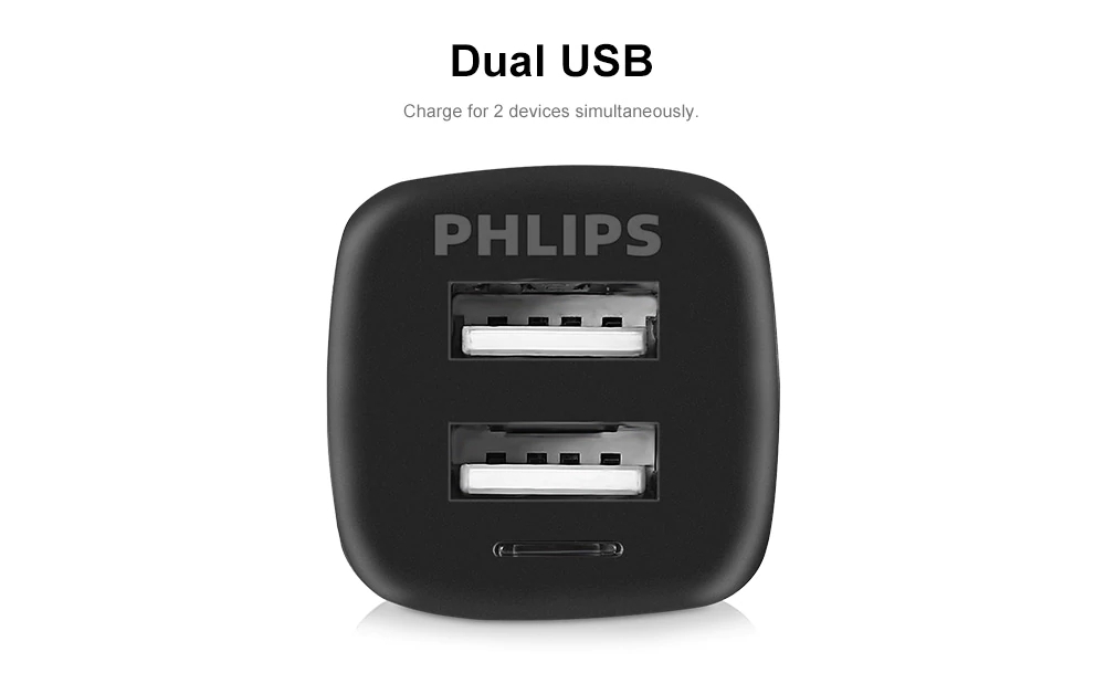 Philips DLP2018 Car Charger Safety Hammer Cigarette Lighter 2 Sockets Dual USB Ports LED Indicator - Black