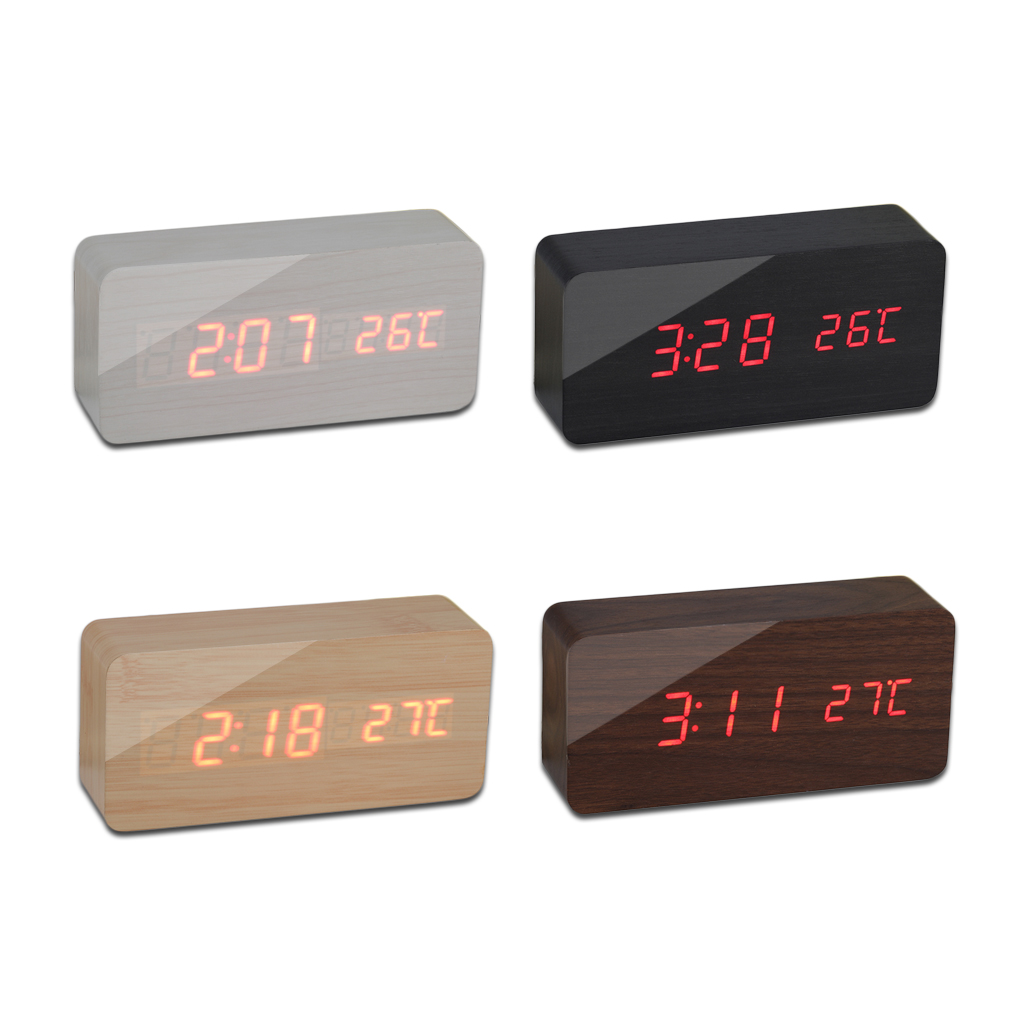 Home Wooden Clock Digital LED Alarm Calendar Thermometer Sound Control Date