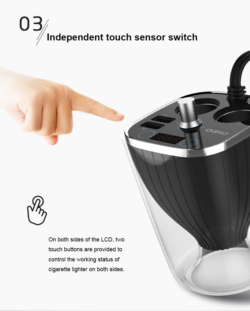 OZIO BC-120Q 120W Car Charger Bluetooth Adapter FM Player QC3.0 2 Sockets Cigarette Lighter Dual USB Ports - Black