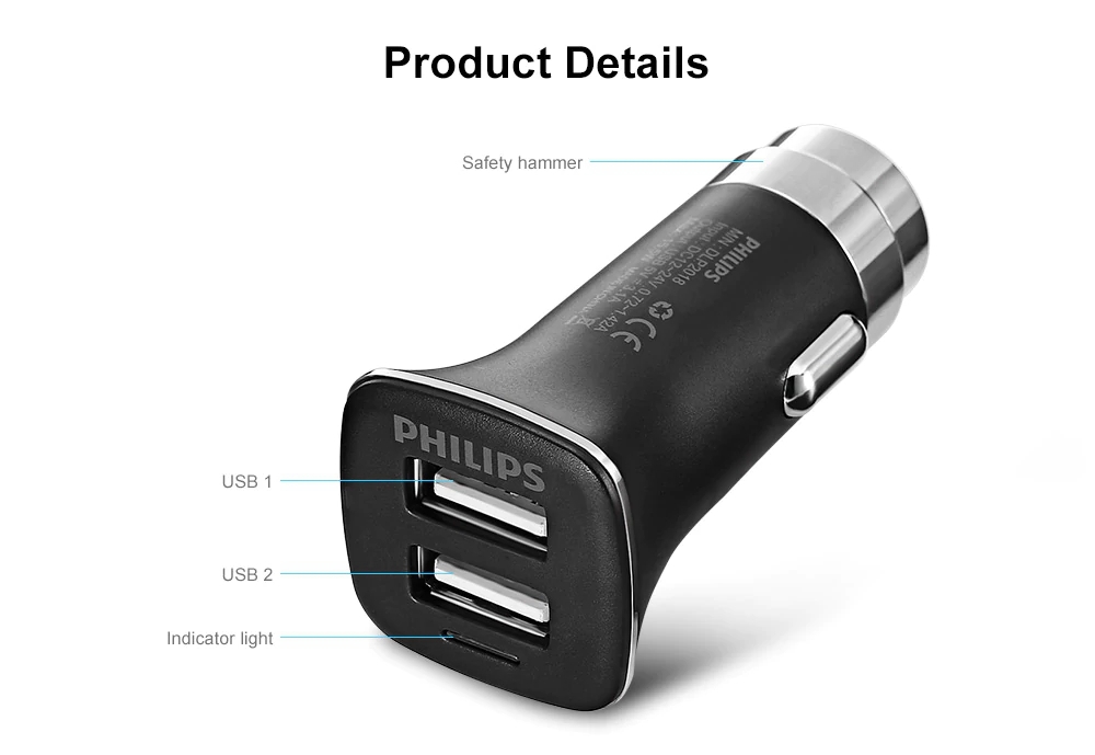 Philips DLP2018 Car Charger Safety Hammer Cigarette Lighter 2 Sockets Dual USB Ports LED Indicator - Black
