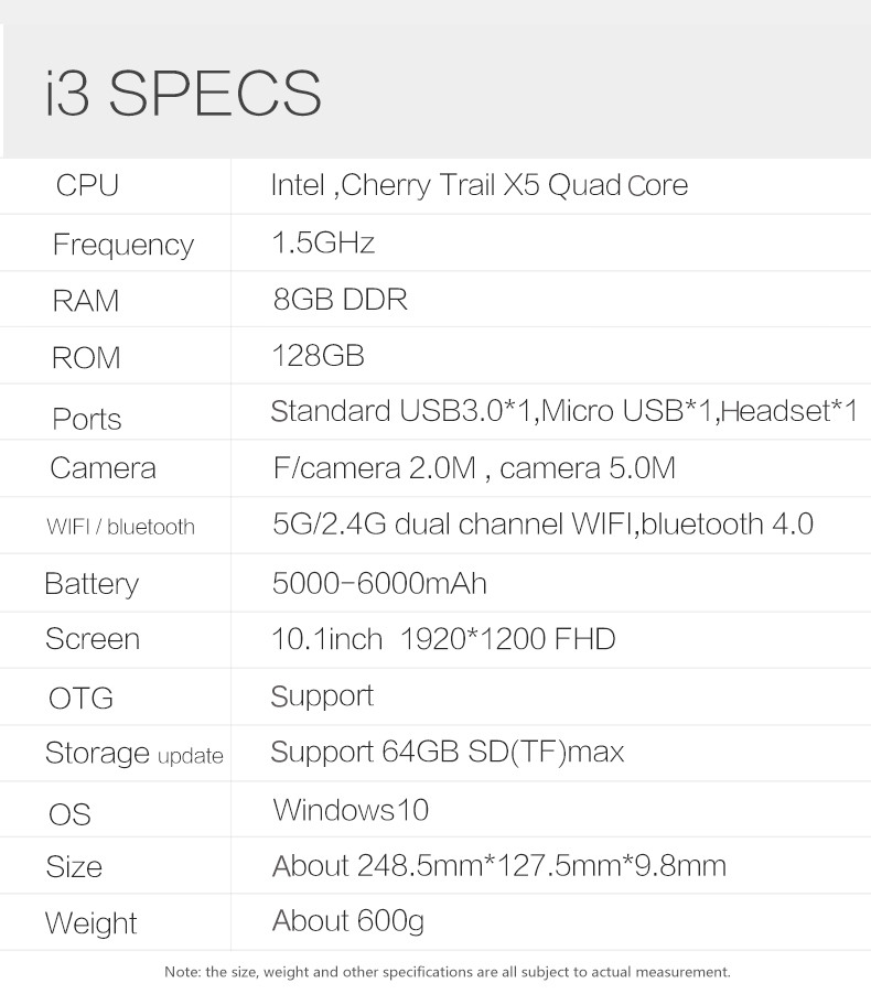 VOYO Vbook i3 Tablet PC Intel Cherry Trail x5-Z8350 Quad Core 10.1" IPS Screen 1920*1200 8GB DDR3 128GB eMMC Windows 10 - Silver