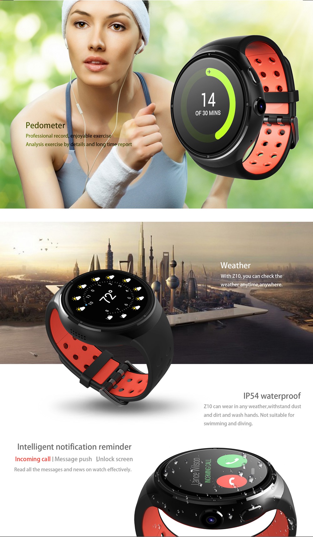 Z10 3G Smartwatch Phone MTK6580 Quad Core 1.3GHz Android 5.1 1GB RAM 16GB ROM GPS Bluetooth 4.0 - Silver