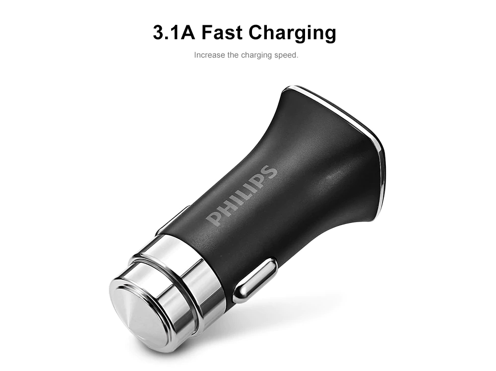 Philips DLP2018 Car Charger Safety Hammer Cigarette Lighter 2 Sockets Dual USB Ports LED Indicator - Black
