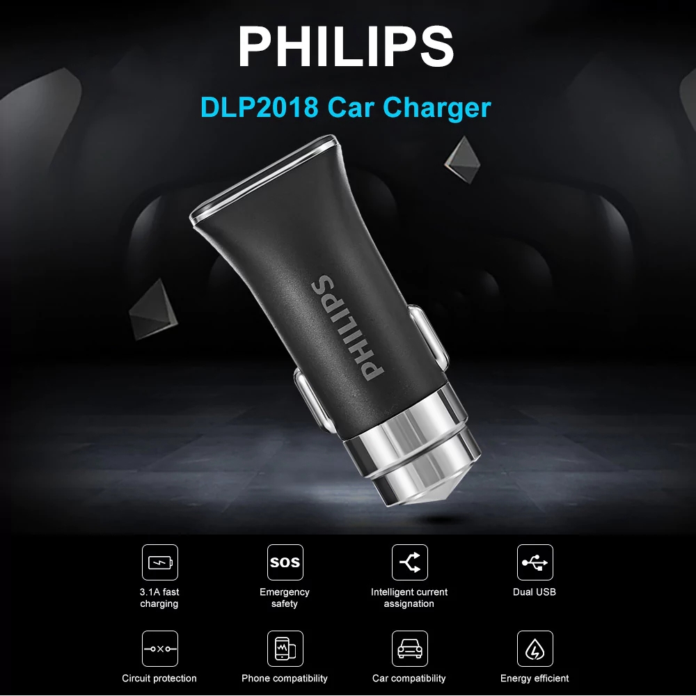 Philips DLP2018 Car Charger Safety Hammer Cigarette Lighter 2 Sockets Dual USB Ports LED Indicator - Black