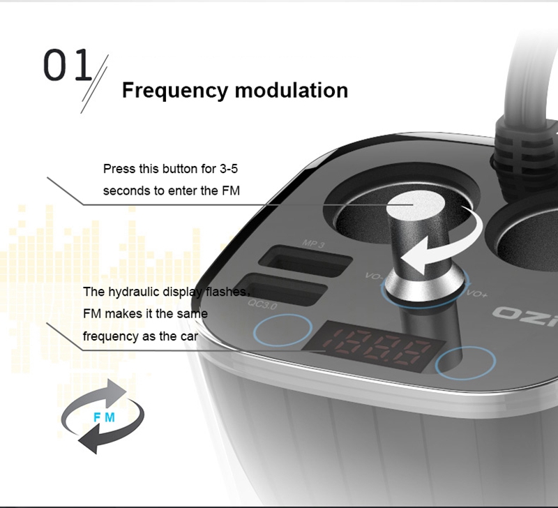 OZIO BC-120Q 120W Car Charger Bluetooth Adapter FM Player QC3.0 2 Sockets Cigarette Lighter Dual USB Ports - Black