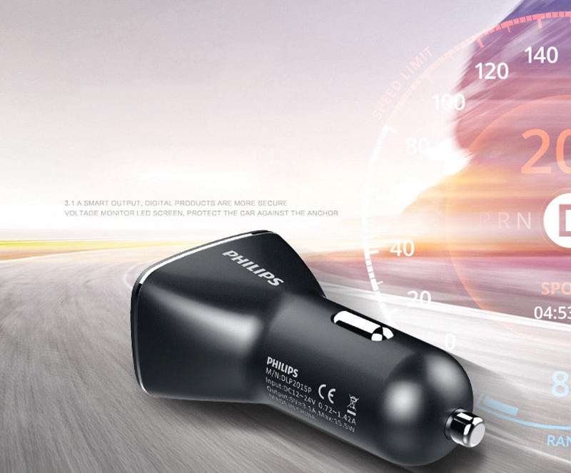 Philips DLP2015P Universal Quick Double USB Car Charger 3.1A Voltage Detection LED Digital Display - Black