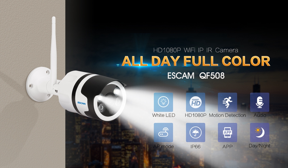 ESCAM QF508 1080P WiFi IP Camera 2MP Wireless Outdoor Waterproof CMOS Sensor IR-CUT Surveillance Security Camera -White