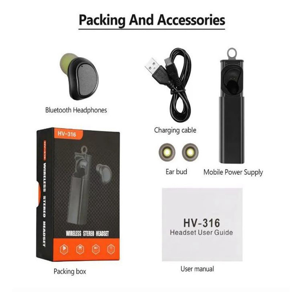 HV-316 Bluetooth Earphone One Single Ear with Mic Portable Charger - Black