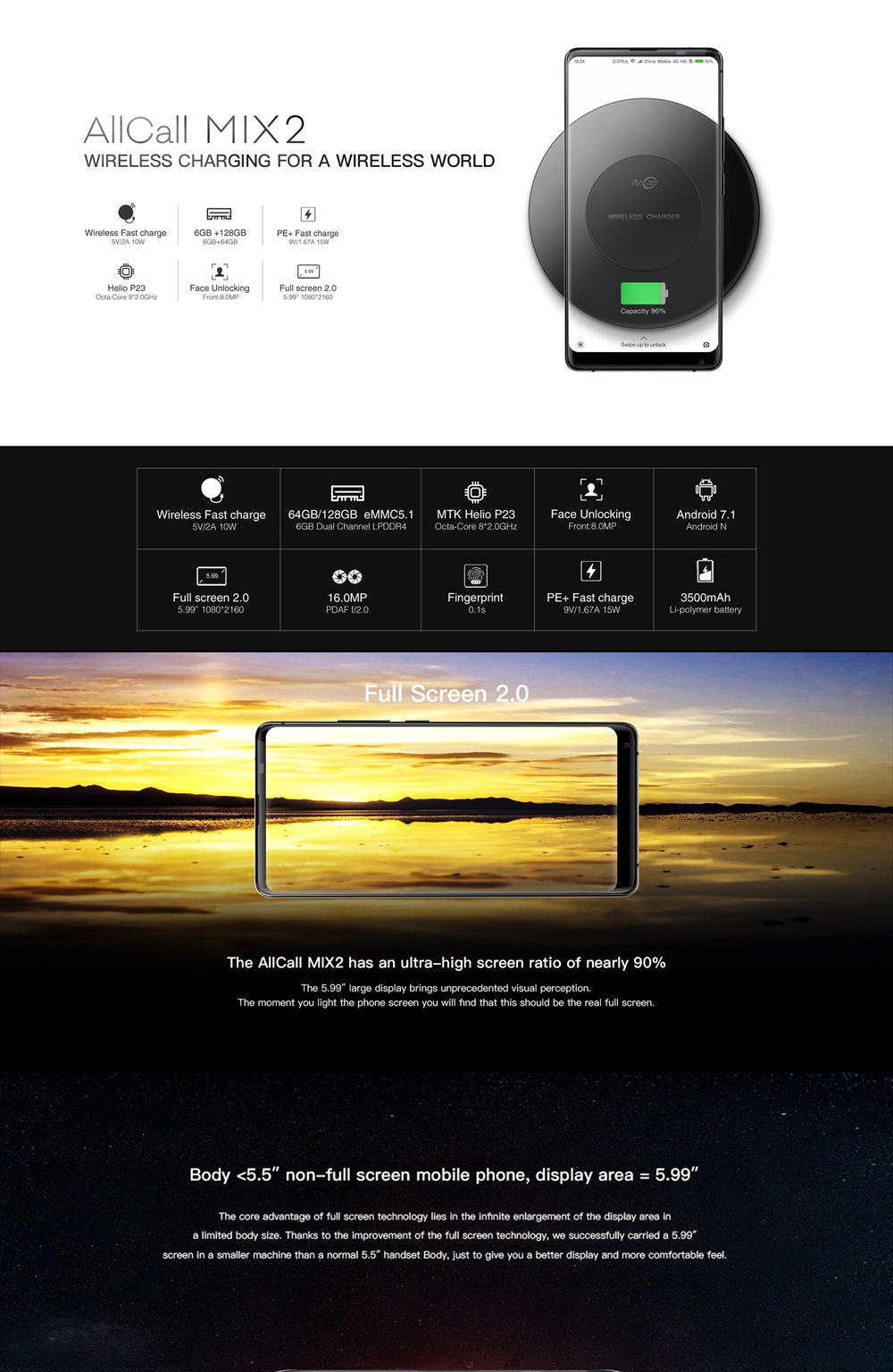 AllCall MIX 2 5.99 Inch 4G Smartphone MTK6763 6GB 64GB 16.0MP Back Camera Android 7.1 Face ID 18:9 Screen - Black