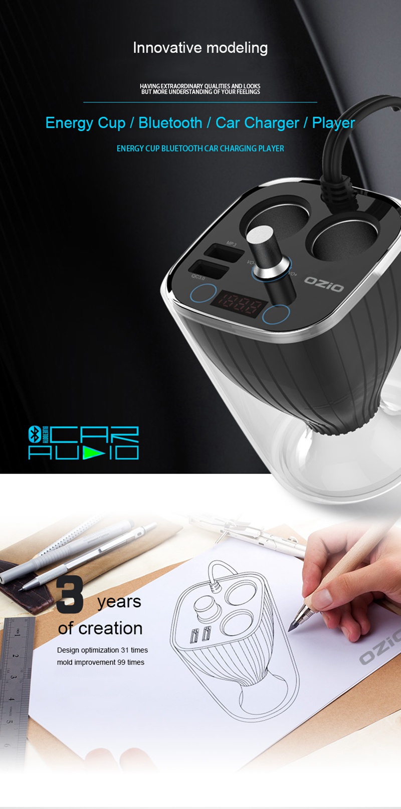 OZIO BC-120Q 120W Car Charger Bluetooth Adapter FM Player QC3.0 2 Sockets Cigarette Lighter Dual USB Ports - Black