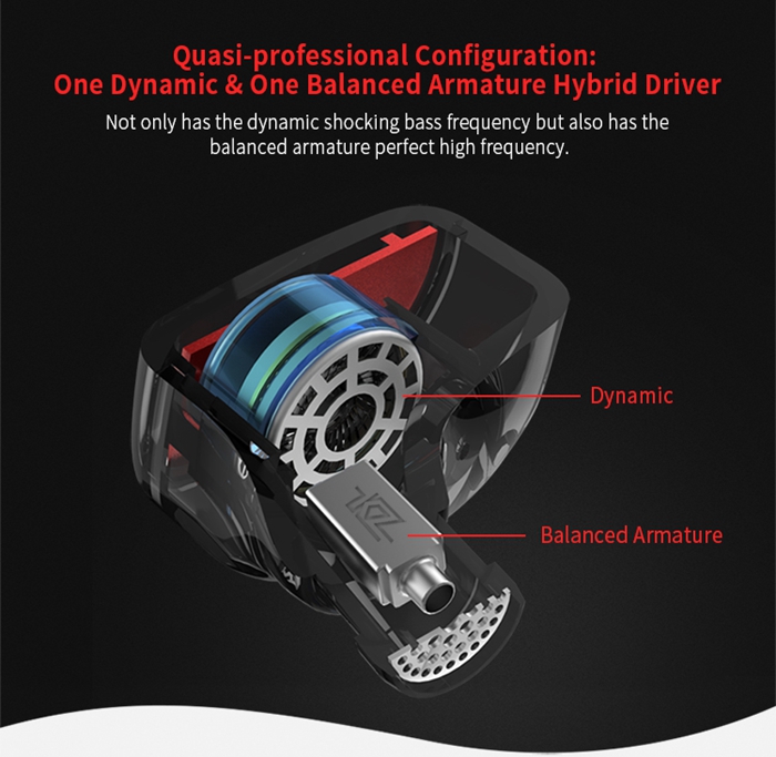 KZ ES4 HiFi Earphone Balanced Armature Dynamic Driver Hybrid Noise Cancelling Heavy Bass Headphone - Black