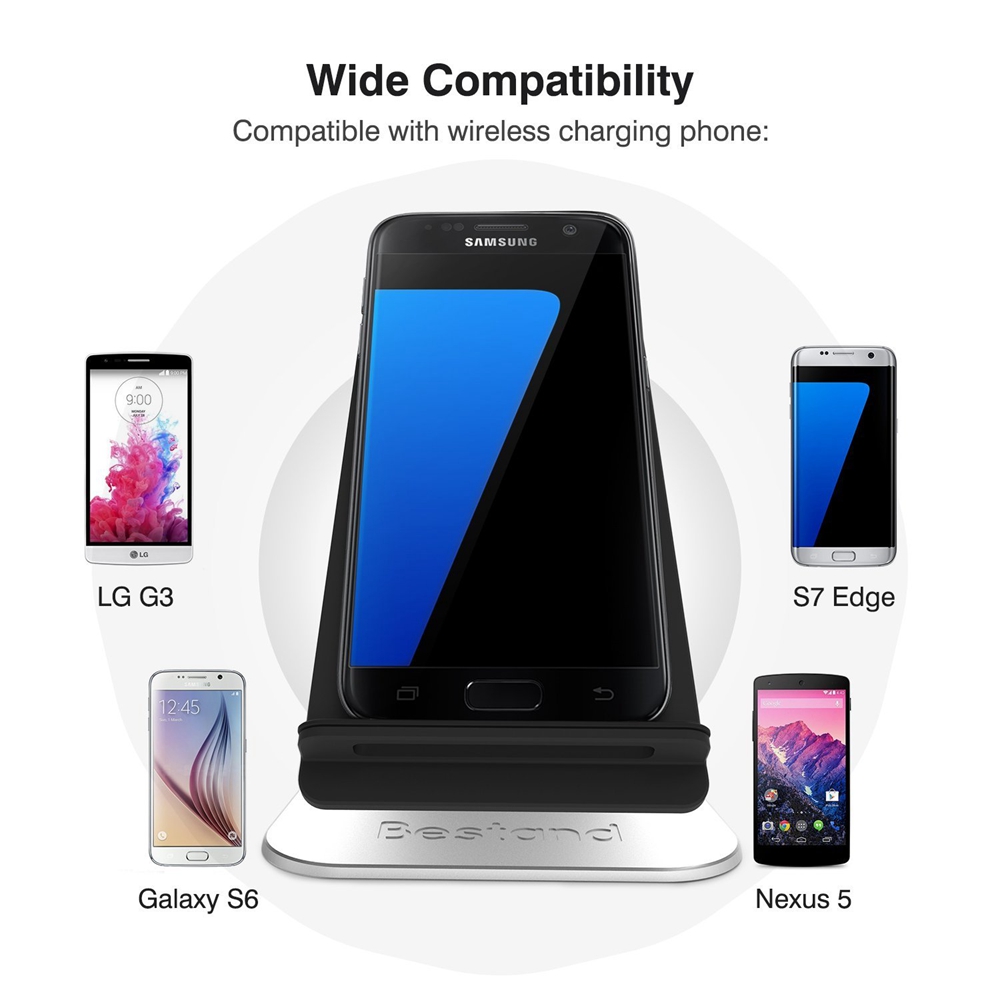 Bestand H03 Mobile Phones QI Wireless Charger Stand 2-coil Design Widely Compatible With Built USB Cable - Silver