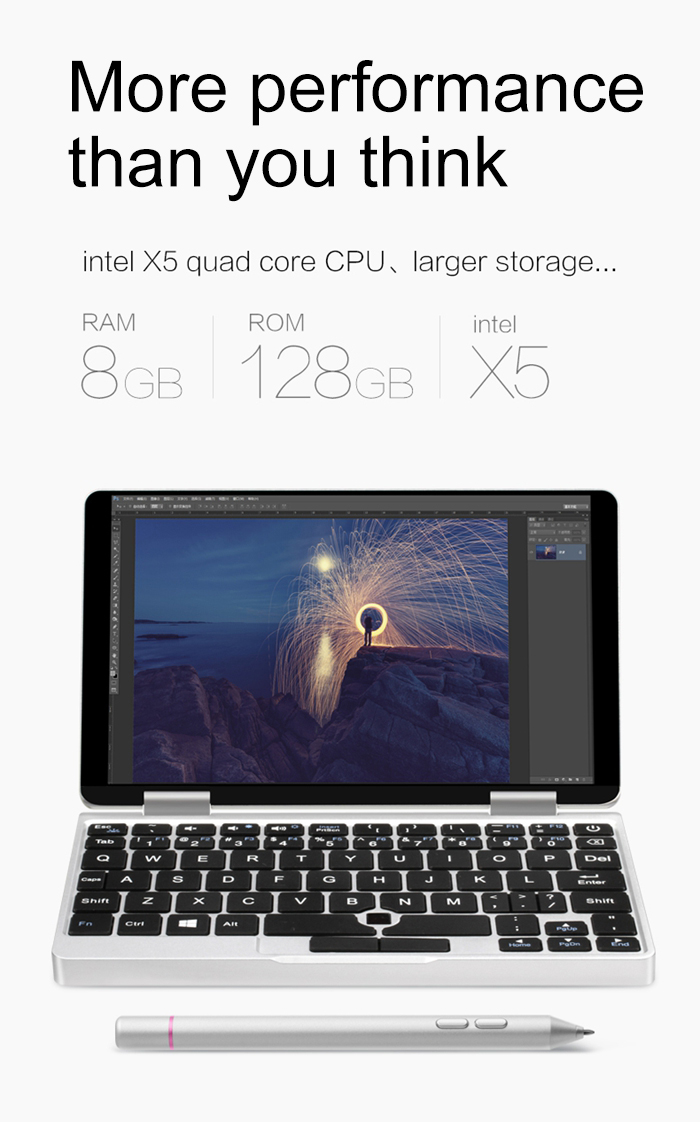 One Netbook One Mix Yoga Pocket Laptop Intel Cherry Trail x5-Z8350 Quad Core 7" IPS Screen 1920*1200 Windows 10 8GB DDR3 128GB eMMC - Silver