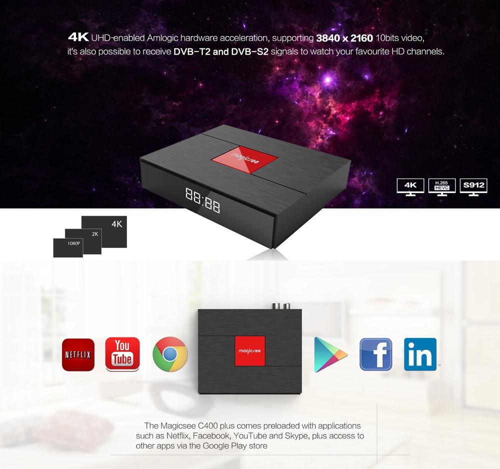 Magicsee C400 Plus DVB-T2/S2 DVB-C Amlogic S912 3GB/32GB Android 7.1 TV BOX 802.11AC WIFI LAN KODI Bluetooth